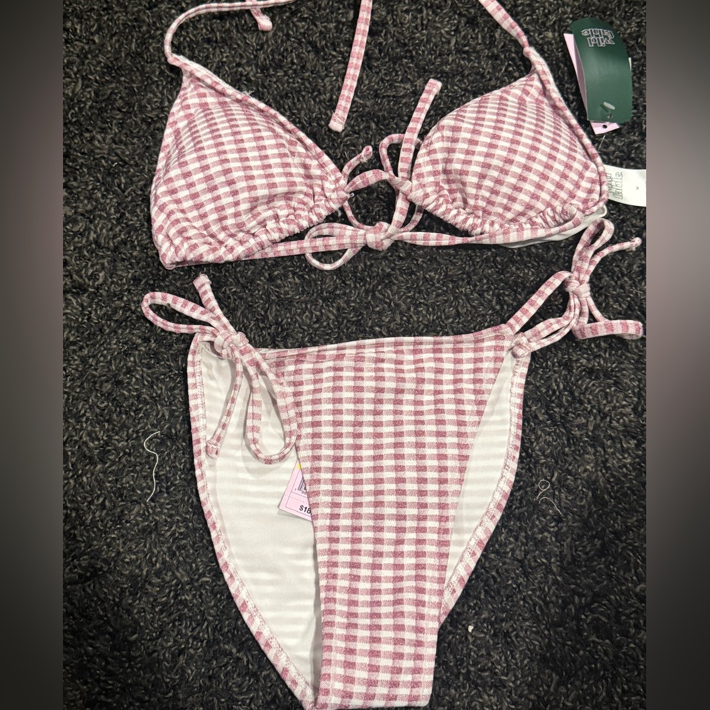 🍅Pinkish purple sparkly Gingham Bikini Set one m one s